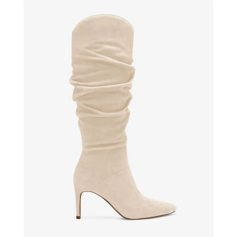 Womens Faux Suede Beige Knee High Almond Toe Side Zipper Stiletto Heel Booties